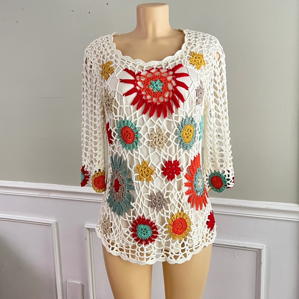 V Cristina Crochet Top Women XL Floral Hippie Lined White Boho Festival Top